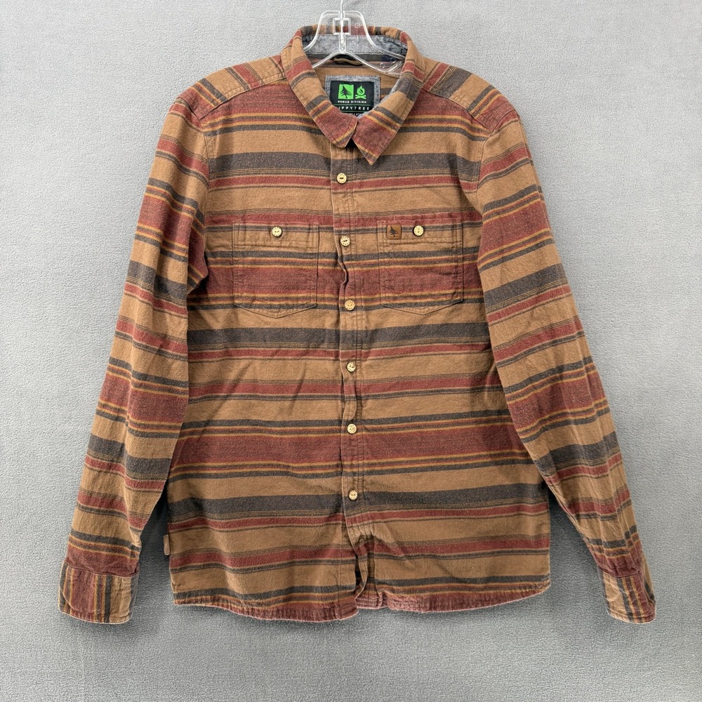 HippyTree Nomad Division Mens Medium Striped Cotton Button Down Shirt Brown Rust